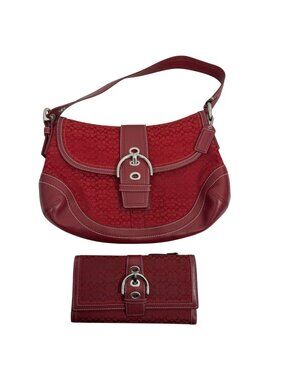 Vintage Coach F10926 Soho Y2K Red Signature C Canvas Shoulder Bag + Tag + Wallet